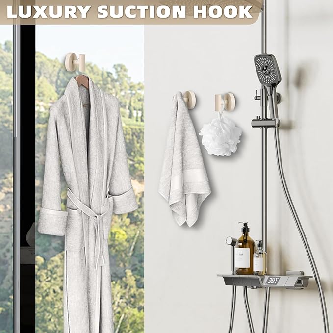 Fenas Suction Cup Hooks for Shower - Bathroom Reusable Hooks for Towels, Robes & Loofah - No-Drill Mounting on Kitchen,Walls,Metal,Glass,Mirrors,Tile & Smooth Non-Porous Surfaces (2, Milk White)