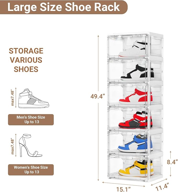 BROVIEW Led Shoe Boxes, Shoe Display Case with Lights, Large Clear Plastic Foldable Shoe Storage Box, Voice Activated Led Shoe Organizer Sneaker Case, Collection Crate, 1 Row 6 Tier White