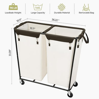 390L Laundry Hamper Sorter Extra Large, Heavy-Duty Laundry Basket with Wheels, Rolling Cart with Removable Bags, Laundry Cart for Hotel and Home, Beige, 2-Section