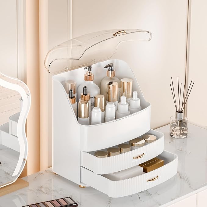 Plukers Makeup Organizer Countertop Vanity with Transparent Lid Drawers Waterproof Dustproof Cosmetic Skincare Bathroom Storage Gift for Women Teens Girls (Whtie)