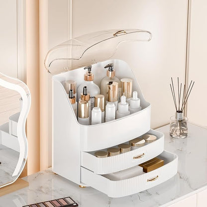 Plukers Makeup Organizer Countertop Vanity with Transparent Lid Drawers Waterproof Dustproof Cosmetic Skincare Bathroom Storage Gift for Women Teens Girls (Whtie)