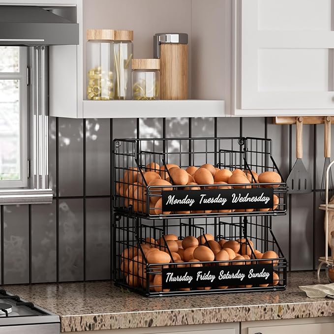 Egg Basket for Countertop, Egg Holder Countertop with 5 Dividers & Labels, 2 Tier Stackable Wire Storage Baskets to Keep Eggs Organized, Optimized Height Egg Storage for Coutertop Cabinet, Black
