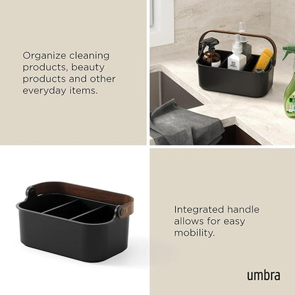 Umbra Bellwood Stackable Bin, 11" x 7" Durable Lightweight Container with Wooden Handle and Removable Dividers, Black/Walnut