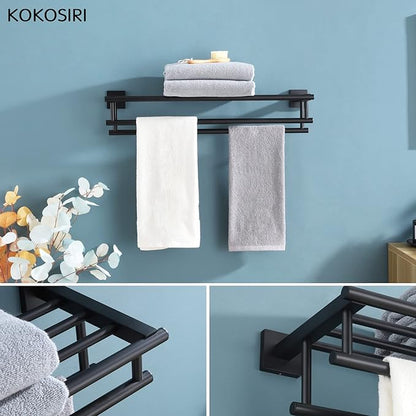 KOKOSIRI Bath Towel Rack with Double Towel Bars Bathroom Towel Shelf 20 Inch Towel Holder Wall Mounted Stainless Steel, Matte Black, B6005BK-L20