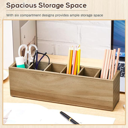 Jetec Wooden Pencil Pen Holder for Desk 6 Compartments Wood Office Desk Organizers for Countertop Adjustable Makeup Brush Organizer Silverware Caddy for Party, Home, Art Supplies(Wood Color)
