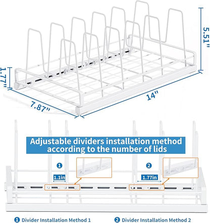 GAGUIUP Food Container Lid Organizer, Adjustable 6 Dividers Full-Metal Pot and Pan Organizer Rack for Kitchen Cabinets, Drawers, Cupboards, Pantry Shelves Storage, White