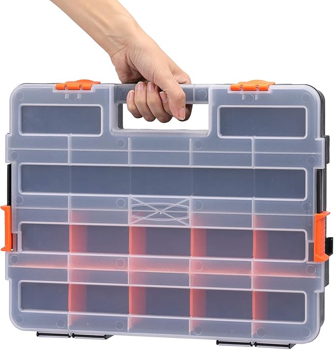 MIXPOWER 15-inch 2pcs Toolbox Organizer Sets, 20 Removable Dividers, Durable Plastic Box, Excellent for Screws, Nuts, Small Parts, 34-Compartment Black/Orange 2 Pieces Set