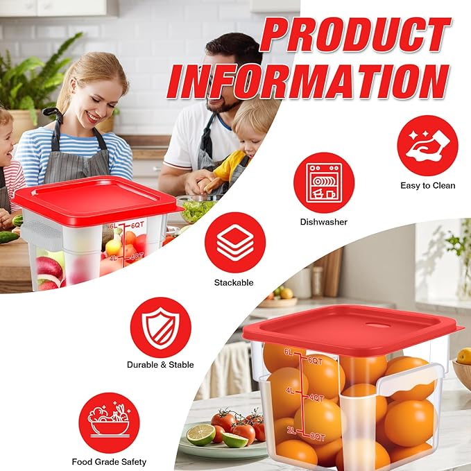 WELKOR Airtight Square Food Storage Containers with Lids 4-Pack, Lock-Tight Seal for Flour, Sugar, Cereal, Keep Food Fresh, BPA-Free Stackable Kitchen Canisters with Measurements (Red, 6QT-4PACK)