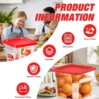 WELKOR Airtight Square Food Storage Containers with Lids 4-Pack, Lock-Tight Seal for Flour, Sugar, Cereal, Keep Food Fresh, BPA-Free Stackable Kitchen Canisters with Measurements (Red, 6QT-4PACK)