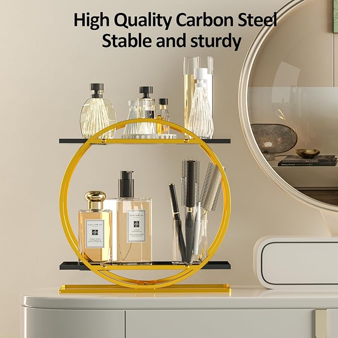 World-in-one 2 Tier Perfume Organizer for Dresser, Black Gold Perfume Makeup Perfume Stand Organizer for Vanity, Cosmetics Ideal Gift for Perfume Lovers - Gold