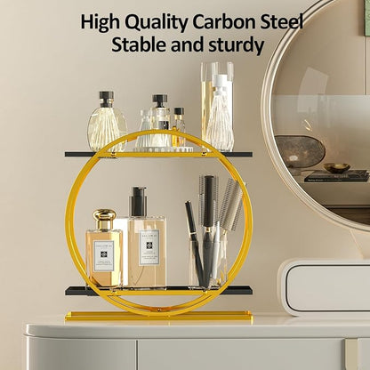 World-in-one 2 Tier Perfume Organizer for Dresser, Black Gold Perfume Makeup Perfume Stand Organizer for Vanity, Cosmetics Ideal Gift for Perfume Lovers - Gold
