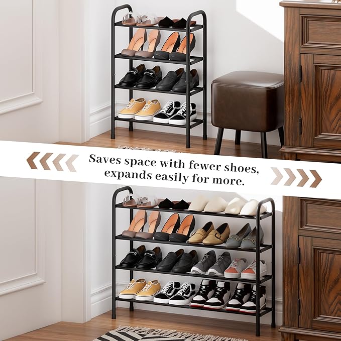 Expandable Shoe Rack, 4-Tier Metal Small Shoe Rack, Adjustable Shoes Organizer, Storage Shelf for Closet, Entryway, Black