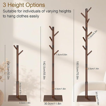 Coat Rack Freestanding with Stable Square Base, Entryway Furniture with 3 Adjustable Sizes and 8 Hooks, Used in Bedroom, Office and Hallway, Brown