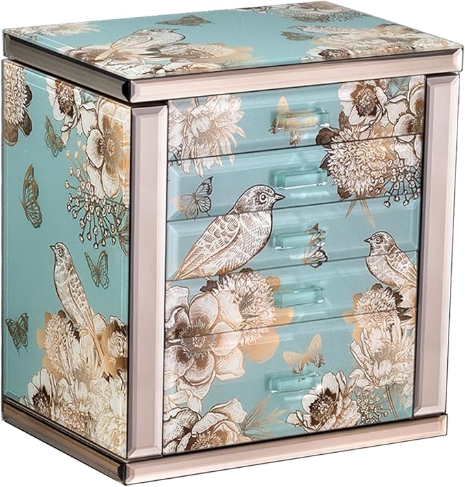 Homruilink High End Glass Jewelry Box - 5 Layer Jewelry Organizer with 2-Sided Doors and Mirror - Velvet-Lined Organizer For Ring, Necklace, Earring, Bracelet Storage - Christmas Gift For Women