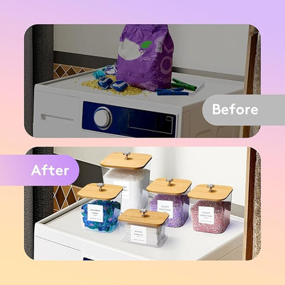 5 Pack Laundry Pod Containers and Dryer Sheet Holder for Laundry Room Organization Acrylic Jars with Lids and Labels for Laundry Detergent Laundry Pods Dry Sheet Organizing