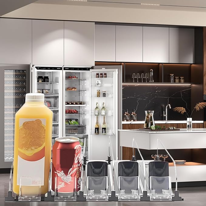 Drink Organizer for Fridge, 18.9x15.0x3.1in Soda Can Dispenser for Refrigerator, 5 Rows Adjustable Automatic Pusher Glide Drink Dispenser for Beer Beverages (White)