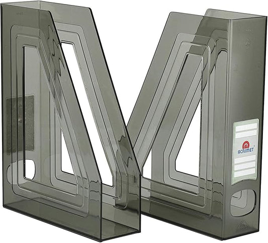 Acrimet Magazine File Holder – Vertical Rack for Documents, Folders and Mail, Durable Plastic Desk Organizer for Office & Home, Smoke (2 Pack)