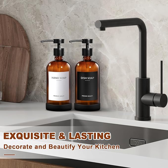 RYTOXILO Amber Glass Soap Dispenser 4 Pack, Hand Soap Dispenser Bathroom with Stainless Steel Pump, 16.9 Fl oz Hand and Dish Soap Dispensers Set Kitchen, Modern Brown Soap Lotion Dispensers Bottle