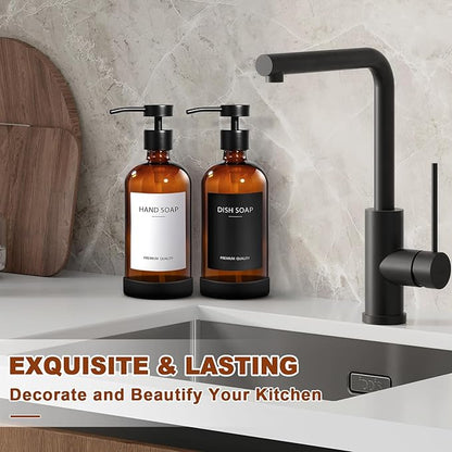 RYTOXILO Amber Glass Soap Dispenser 4 Pack, Hand Soap Dispenser Bathroom with Stainless Steel Pump, 16.9 Fl oz Hand and Dish Soap Dispensers Set Kitchen, Modern Brown Soap Lotion Dispensers Bottle