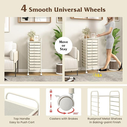 Giantex 10-Drawer Storage Cart w/Universal Wheel, Rolling Cart w/Handle, Home Organizer Storage Unit w/Removable Drawers, Trolley Utility Cart for Kitchen Makeup Living Room Office Play Room, Ivory