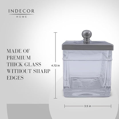 Indecor Home Apothecary Glass Cotton Jar Holder Brushed Nickel Stainless Steel Lid, Elegant Bathroom Storage Canister for Qtips, Cotton Balls, Floss, Makeup Organizer, Vanity Bathroom Organization