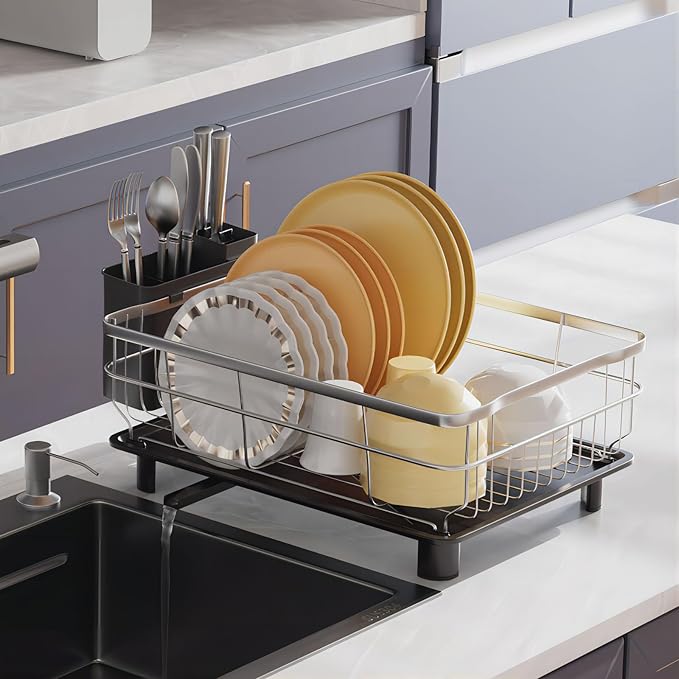 AIDERLY Stainless Steel Dish Drying Rack with Drainboard Dish Drainers for Kitchen Counter Extendable Spout Strainers with Utensil Holder and Knife Slots, Black