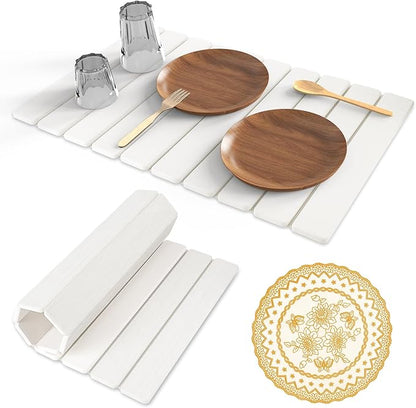 Hoborato Stone Dish Drying Mat, 24"(L)×16"(W) - Fast-Drying, Collapsible Kitchen Counter Mat for Dishes, Cups & Bottles with Sanding Tool + Placemat, White