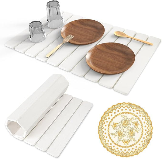 Hoborato Stone Dish Drying Mat, 24"(L)×16"(W) - Fast-Drying, Collapsible Kitchen Counter Mat for Dishes, Cups & Bottles with Sanding Tool + Placemat, White
