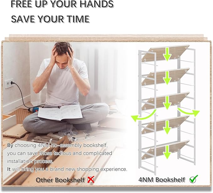4NM No Assembly 5 Tiers Collapsible Book Shelves, 51.2" H Folding Bookshelf Bookcase Open Industrial Foldable Shelves for Bedroom, Living Room, Home Office - Natural White