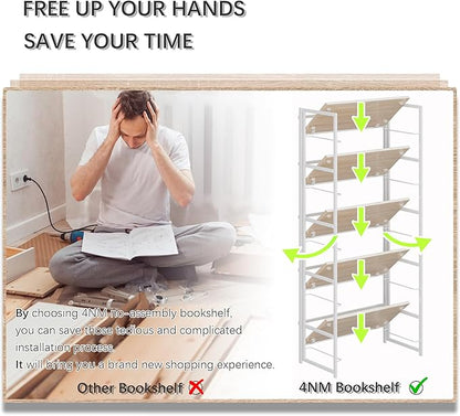 4NM No Assembly 5 Tiers Collapsible Book Shelves, 51.2" H Folding Bookshelf Bookcase Open Industrial Foldable Shelves for Bedroom, Living Room, Home Office - Natural White