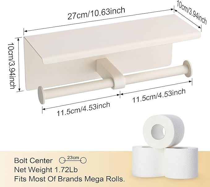 BGL Double Toilet Paper Holder with Shelf White Stainless Steel 304 Wall Mount Double Toilet Roll Holder for Bathroom