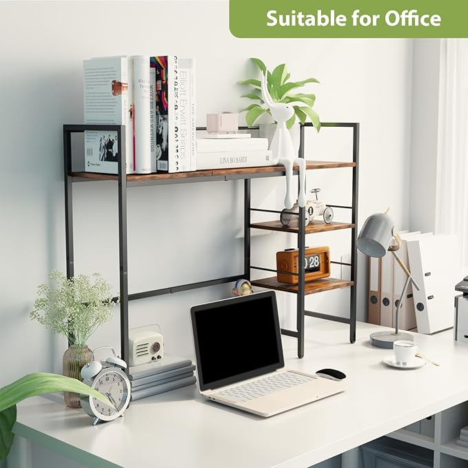 Desk Shelf, 38.6 Inch Wood Desk Organizer Shelf for Computer Monitor, Desk Hutch Storage, Desktop Shelf for Top of Desk, 3 Tier Desktop Bookshelf for Home Office Dorm, Rustic