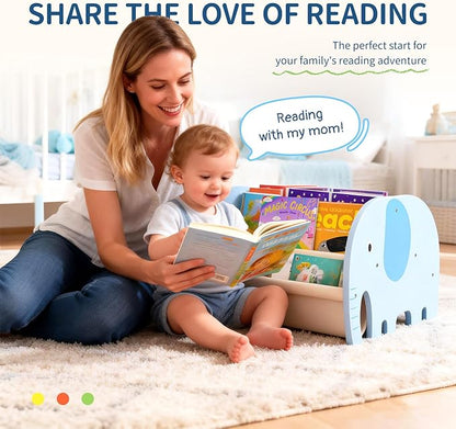 Double Sided Kids Bookshelf – 2 Tier Portable Toddler Bookshelf, Book Shelf for Kids Rooms & Playroom, Cute Elephant Design Wooden Montessori Baby Bookshelf,Toddler Book Display Shelves,Blue