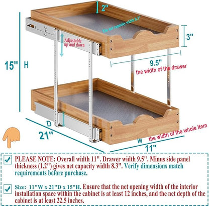OCG 2 Tier Pull Out Drawers For Cabinets, Double Tier Slide out Wood Cabinet Organizer, Pull Out Shelves for Base Cabinet Organization in Kitchen, Pantry, Bathroom
