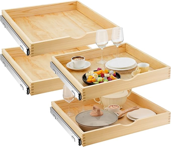 Sintuff 4 Set Wooden Pull out Tray Cabinet Organizer Gentle Close Roll out Shelves for Kitchen Cabinets Fully Assembled Slide Pantry Shelves (24'' X 21'')