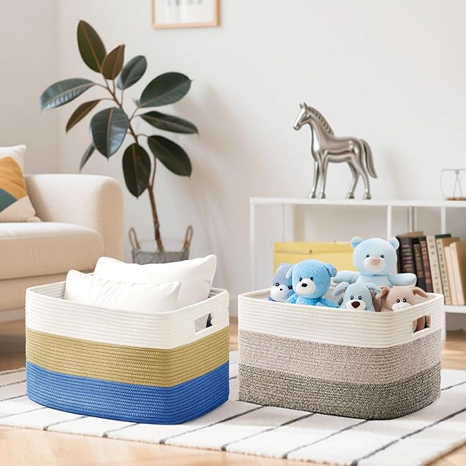 Cotton Rope Basket,Large Blanket Basket for Living Room,Woven cotton rope laundry baskets，For Bathroom Dirty Clothes ，Nursery Toys，pillow storage organization, 72L，Brown and white.