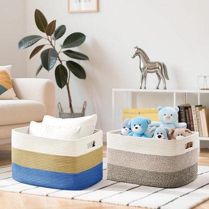 Cotton Rope Basket,Large Blanket Basket for Living Room,Woven cotton rope laundry baskets，For Bathroom Dirty Clothes ，Nursery Toys，pillow storage organization, 72L，Brown and white.