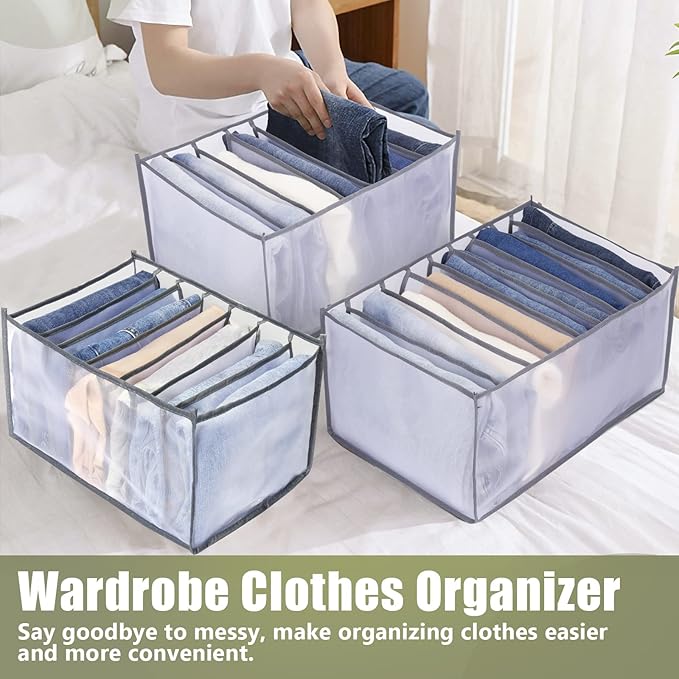 TOOVREN Jeans Organizer Extra Large 9 Grids, Closet Organizer with Foldable Drawer Compartments, Washable Clothing Storage Box 3-Pack