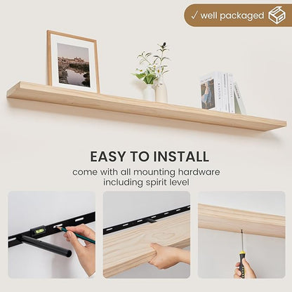 Fun Memories Floating Shelves 72 Inches Long - 8 Inch Deep Rustic Solid Wood for Storage - Farmhouse Wall Mounted for Living Room - Heavy-Duty Metal Bracket - 72" W x 8" D - Natural Unfinished for DIY