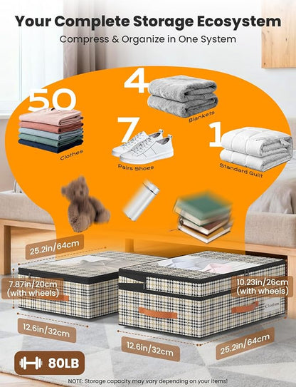 TOSKING Under Bed Storage with Wheels 2 Pack, Adjustable Height 7.9"-10.2", 6 Vacuum Bags, 900D Oxford Rolling Underbed Bins, Heavy Duty Drawer Organizer, Organizer for Clothes, Shoes, Houndstooth