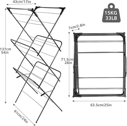 Foldable Clothes Drying Rack | Portable Collapsible Laundry Drying Rack | Use for Indoor & Outdoor | Space Saving | Black 54"x24"x17" | Easy to Assemble