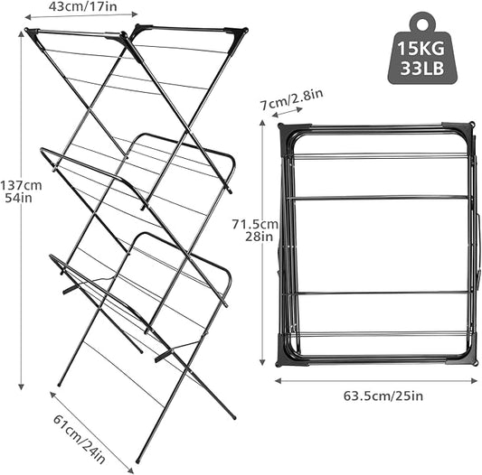 Foldable Clothes Drying Rack | Portable Collapsible Laundry Drying Rack | Use for Indoor & Outdoor | Space Saving | Black 54"x24"x17" | Easy to Assemble