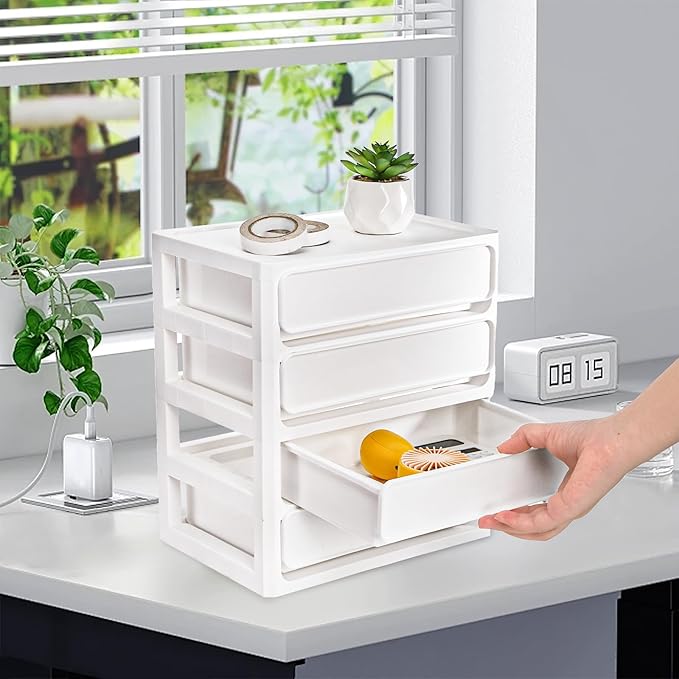 Desk Organizer with 4 Drawers, Plastic Desktop Storage Unit, Small Storage Bin Container for Countertop, Makeup, Stationery, Art Crafts, Home Office Bathroom, White