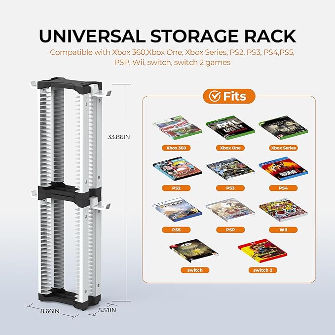 White Video Game Storage Tower 46 PCS - Universal Organizer for PS5 PS4 PS3 PS2 PSP, Xbox Series X/S One 360, Wii Wii U, Switch Switch 2 | Holds Game Cases, Controllers & Headphones
