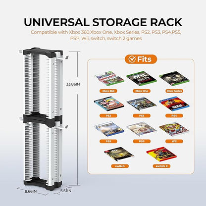 White Video Game Storage Tower 46 PCS - Universal Organizer for PS5 PS4 PS3 PS2 PSP, Xbox Series X/S One 360, Wii Wii U, Switch Switch 2 | Holds Game Cases, Controllers & Headphones
