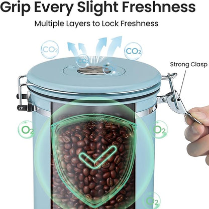 Veken Coffee Canister, 39OZ Large, Airtight Stainless Steel Food Storage Container for 2.2lbs Coffee Beans, Ground, Sugar, Tea, Cookie, Flour, Kitchen Bar Accessories with Date Tracker & Scoop, Blue