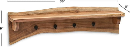 Alpine Natural Live Edge Wood Coat Hooks with Shelf – 36-Inch Wall-Mounted Home Storage Solution with Clear Finish and Unique Natural Wood Design by Alaterre Furniture