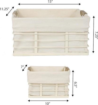 happimess BSK3002C-3SET Callan Vintage Industrial Wire Metal Nesting Storage Baskets with Wood Handles and Fabric Liner, for Shelves, Cabinets, Pantry, Countertop, Mesh Open Bin, Almond (Set of 3)