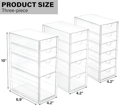 Prsildan Acrylic Drawer Organizer with 15 Drawers, Makeup Craft Office Desk Organizers Accessories, Set of 3 Clear Stackable Storage Drawers for Vanity, Countertop, Jewelry, Art Supply Organization
