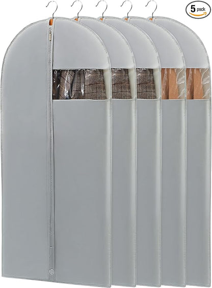 50" Garment Bag, Mens Suit Bags for Closet Storage and Travel, Garment Bags for Hanging Clothes, Foldable Suit Cover Bags with Clear Window for Coats, Jackets, Dresses - Gray/ 5 Packs